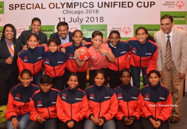 Mary kom with the team of Special Olympics bharat during Special Olympics Unified Football Cup send off ceremony in india Mary kom with the team of Special Olympics bharat during Special Olympics Unified Football Cup send off ceremony in india