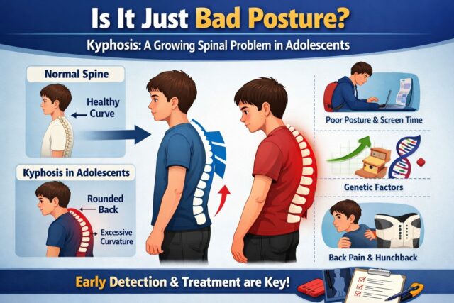 Kyphosis in adolescents showing difference between normal spine and rounded back posture