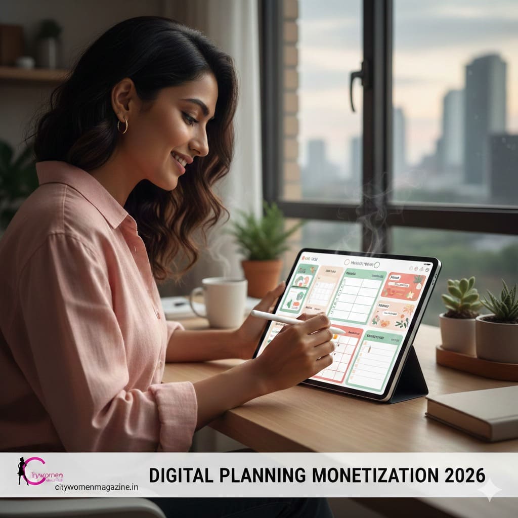 An Indian woman designing a colorful aesthetic digital planner on her tablet with a stylus, representing 2026 digital entrepreneurship.