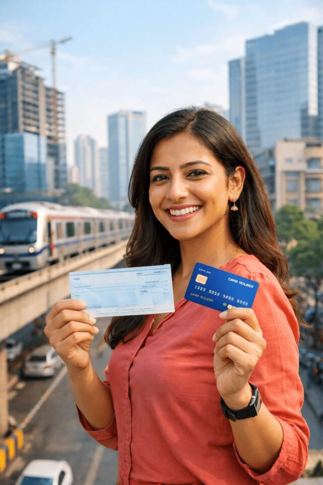 A smiling Indian woman holding her first cheque and credit card, with a glimpse of the changing city behind her.