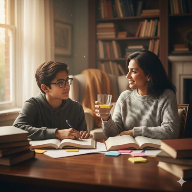 A supportive parent sitting with a teenager who is studying, offering a glass of water and a smile.