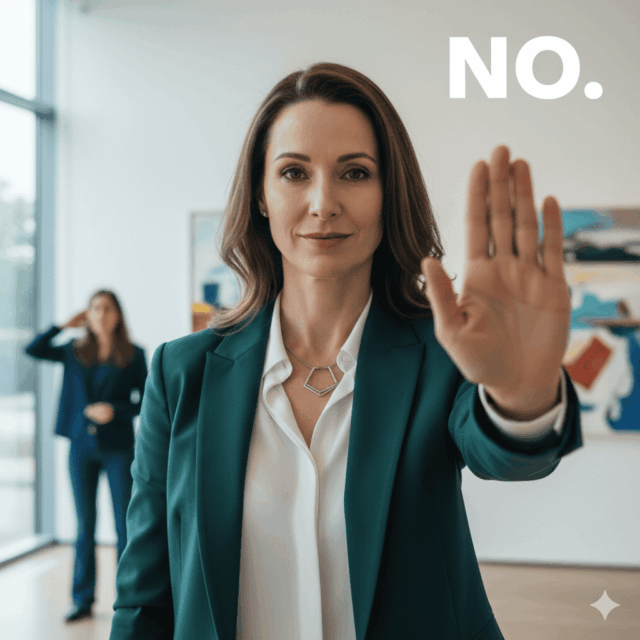 A woman confidently saying 'No'.