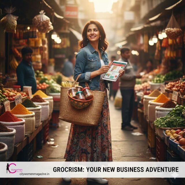 An Indian woman exploring a high-end international supermarket, checking local spices and snacks for her grocery tourism blog.