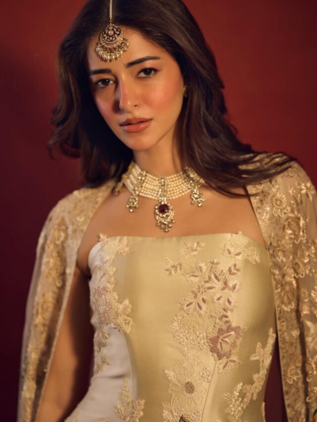Ananya Panday wearing an embroidered corset, skirt and cape by Anamika Khanna