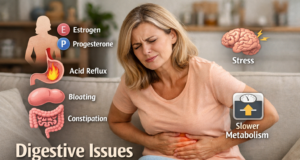 “Beyond Hot Flashes: The Overlooked Burden of Gastric Disorders in Midlife Women” Middle-aged woman holding her stomach due to bloating and digestive discomfort at home