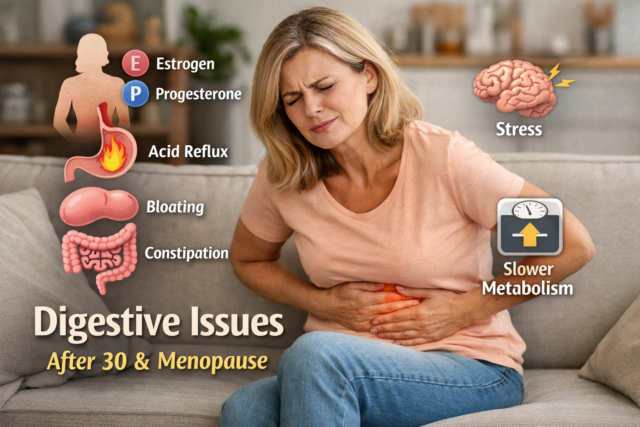 Middle-aged woman holding her stomach due to bloating and digestive discomfort at home