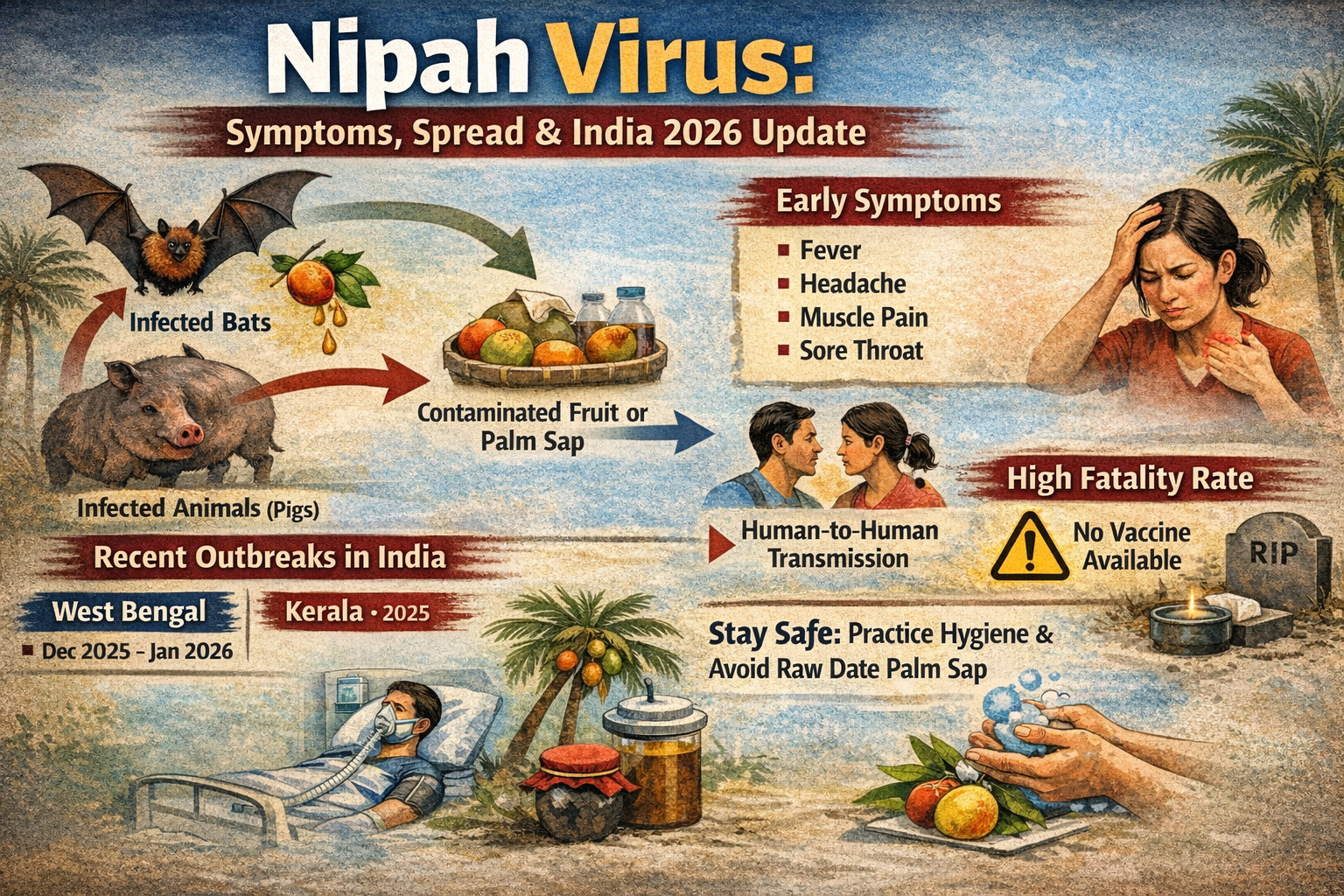 Nipah virus transmission cycle from bats to humans