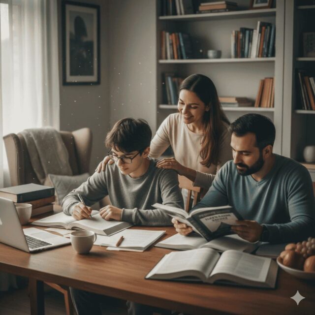 Parents supporting their child calmly during board exam preparation at home
