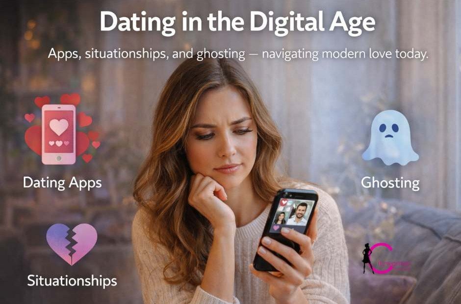 Woman using dating app on smartphone, modern digital dating, online relationship challenges, ghosting and situationships concept