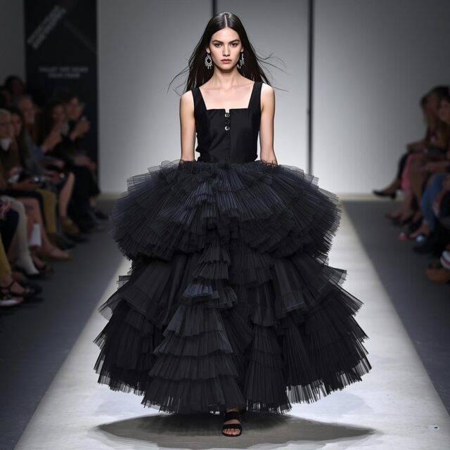 Model wearing a voluminous statement skirt on the runway, showcasing 2026 fashion trend