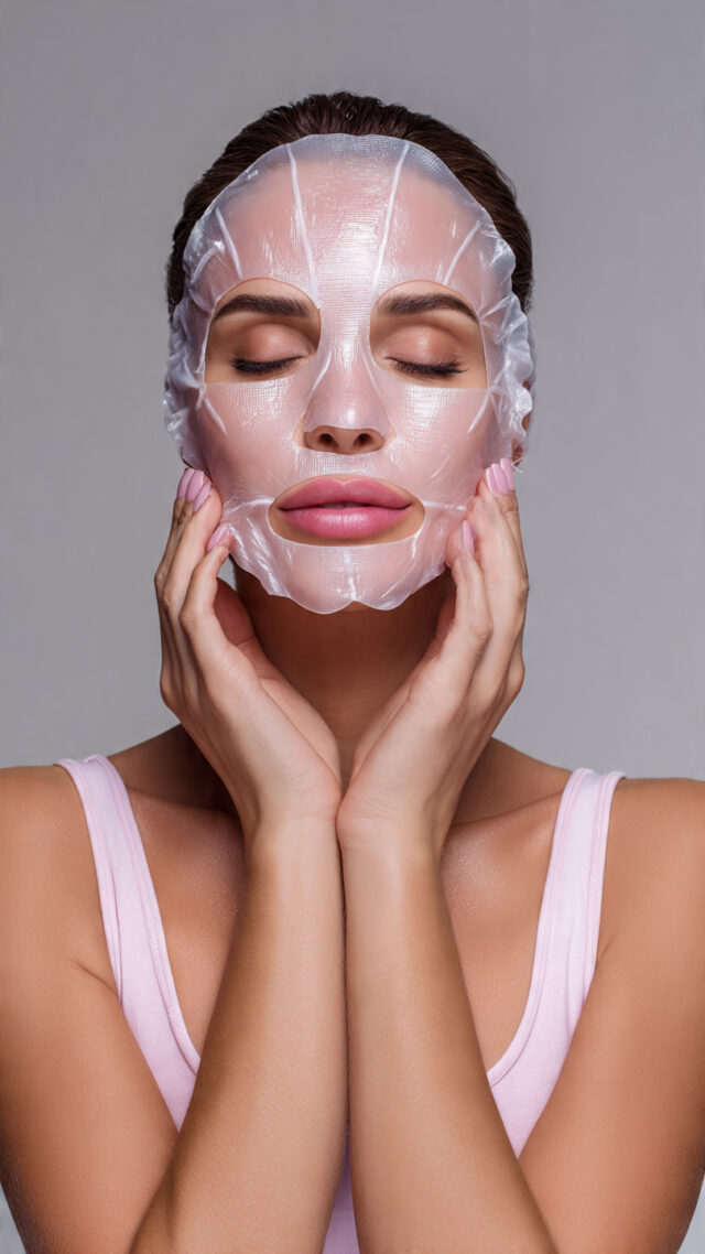 women using Face-lifting masks on her face at home