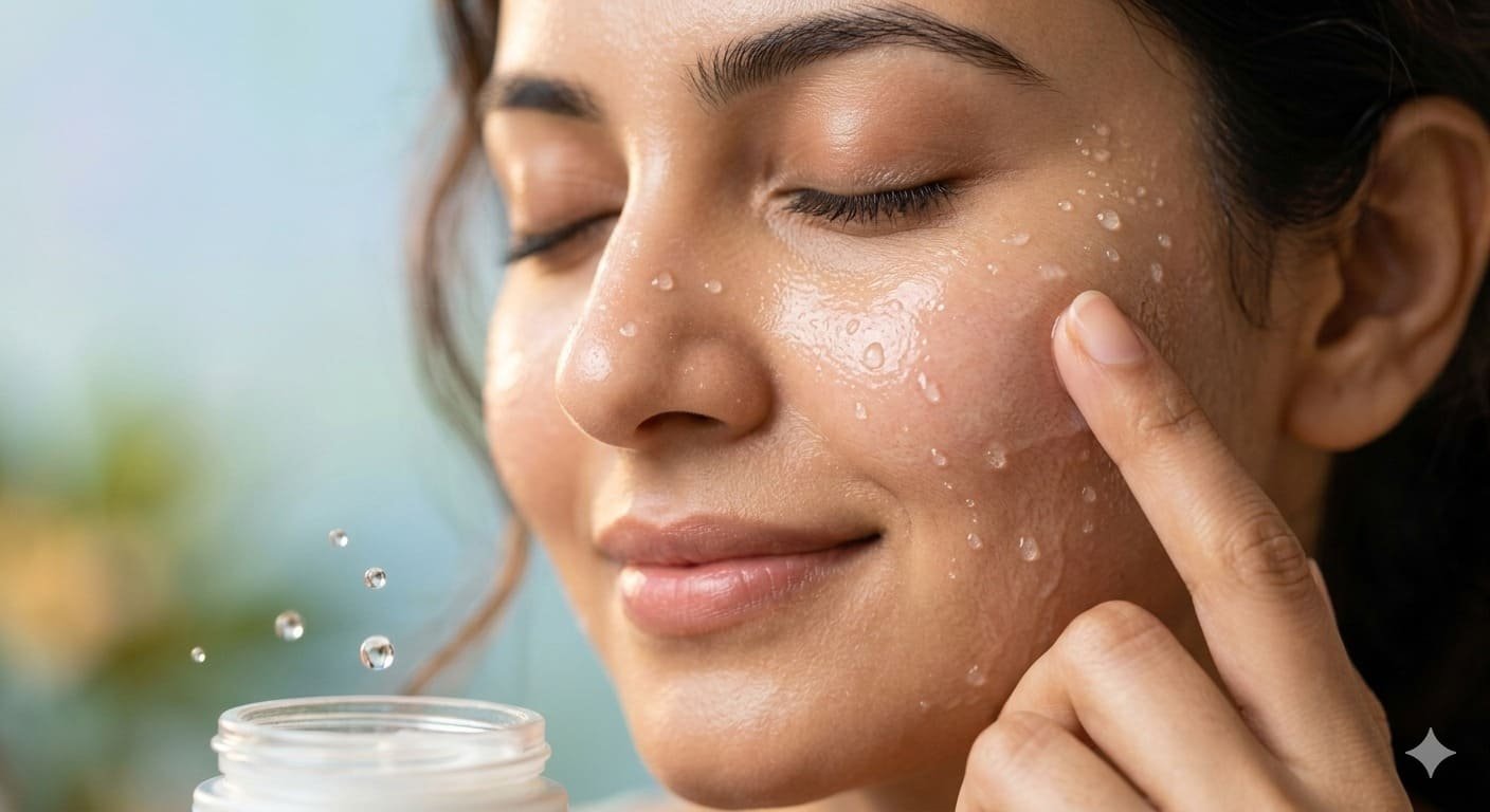 A young woman touches her soft and hydrated skin, demonstrating the March skincare routine