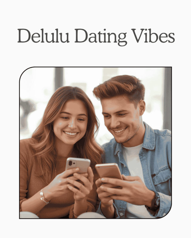 Delulu Dating A young couple smiling while texting, representing the delulu dating trend