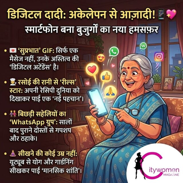 Smiling Indian Grandma on smartphone with glowing emojis