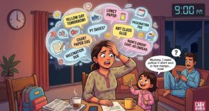 The 9 PM Panic: Unloading a Mother’s Mental Load Stressed mother juggling school reminders at night while child demands items and father sits distracted nearby