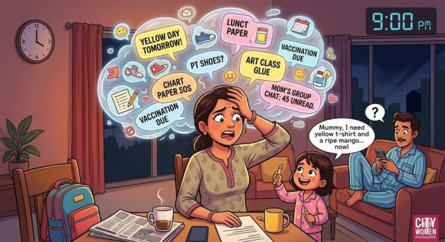 Stressed mother juggling school reminders at night while child demands items and father sits distracted nearby