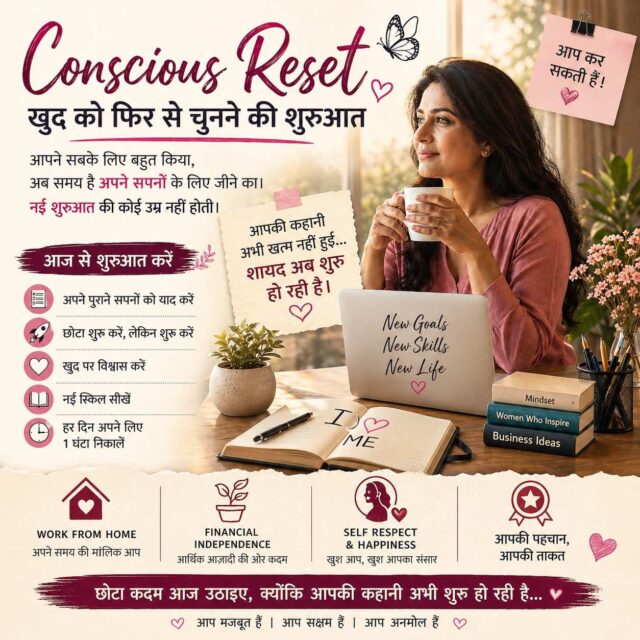 A motivational woman sitting in a home office with coffee, planning a fresh start in life under the theme Conscious Reset.