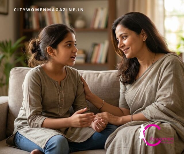 parenting trends 2026 A supportive Indian mother listening with empathy to her tween daughter