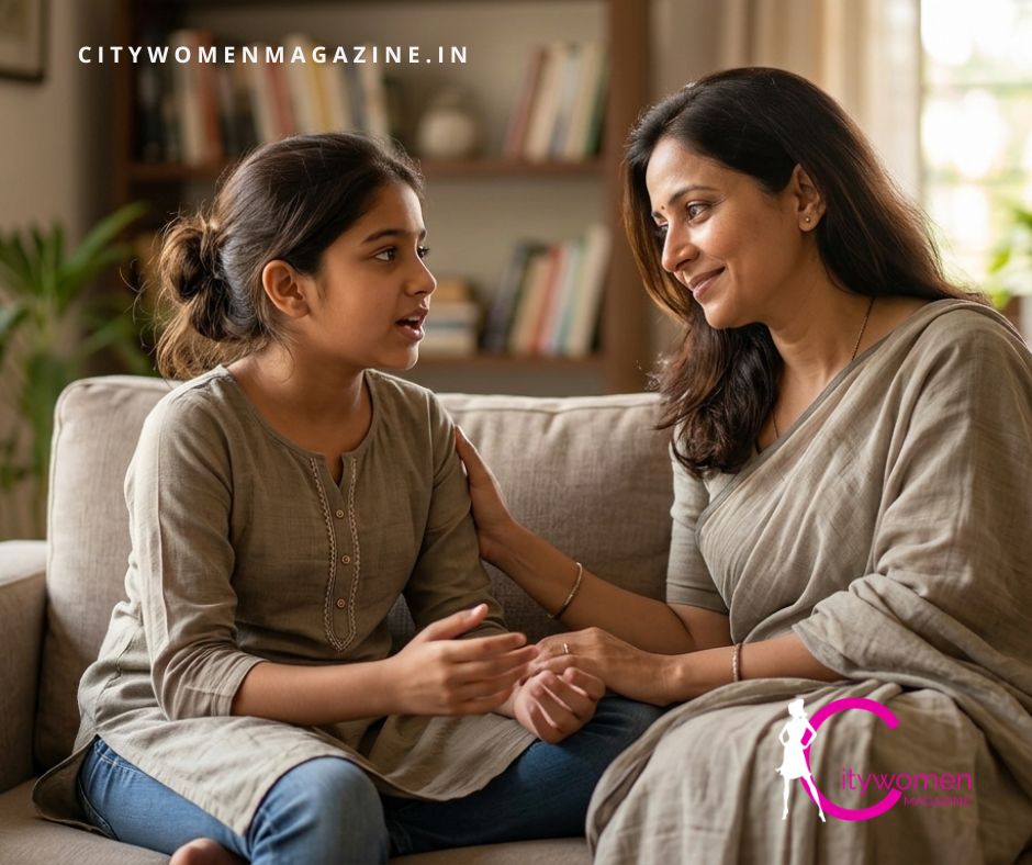 A supportive Indian mother listening with empathy to her tween daughter