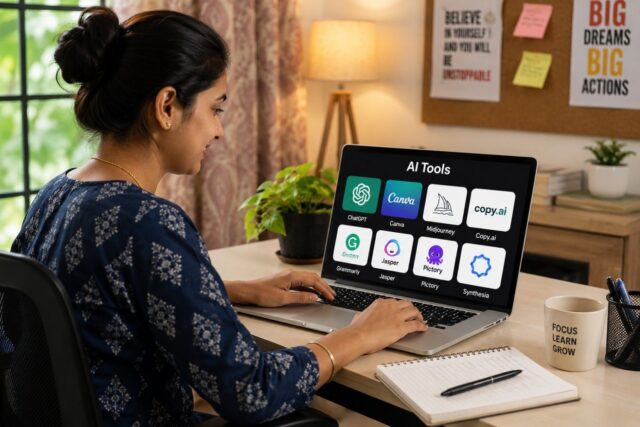 An Indian woman using AI tools on a laptop