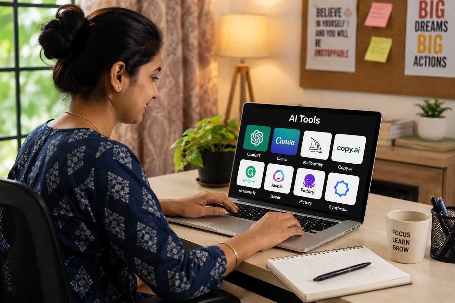 An Indian woman using AI tools on a laptop