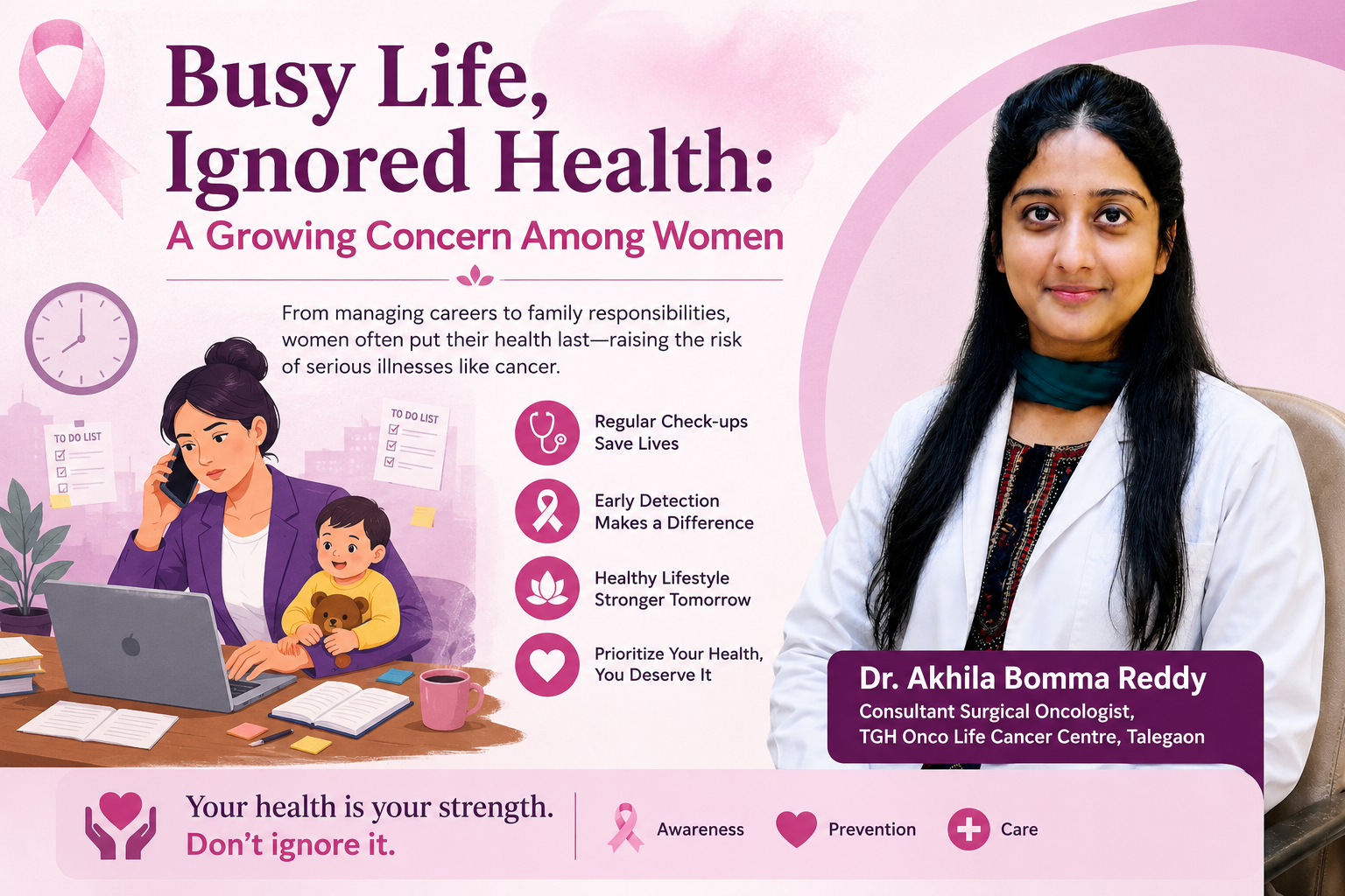 Busy woman balancing work and home responsibilities while ignoring her health and medical check-ups