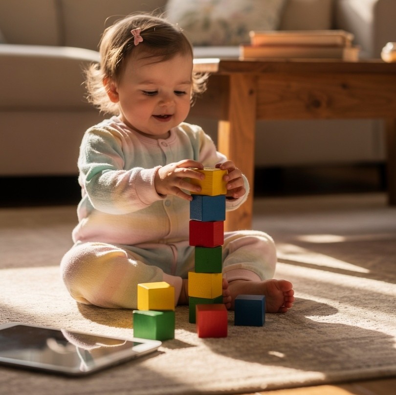 Toddler sitting on the floor playing with blocks while a tablet lies nearby, symbolizing balanced screen time