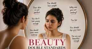 Beauty Double Standards Women Face Every Day Thoughtful woman looking in mirror representing beauty double standards and appearance pressure