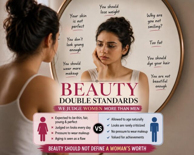 Beauty Double Standards Women Face Every Day Thoughtful woman looking in mirror representing beauty double standards and appearance pressure