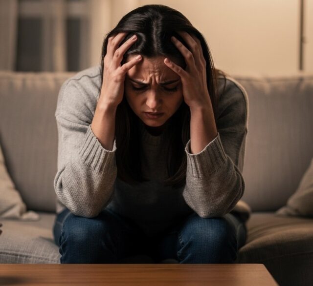 Tired woman sitting on a couch with her head in her hands, symbolizing emotional exhaustion and mental fatigue Tired woman sitting on a couch with her head in her hands, symbolizing emotional exhaustion and mental fatigue