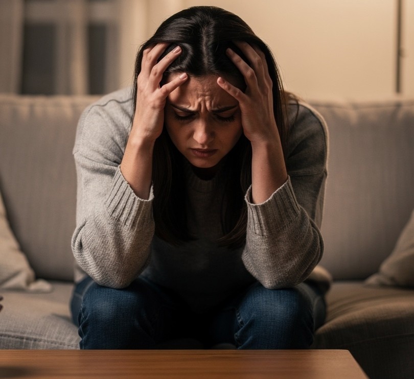 Tired woman sitting on a couch with her head in her hands, symbolizing emotional exhaustion and mental fatigue