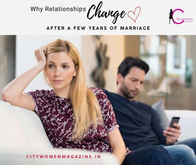 Married couple sitting together on a couch, reflecting on changes in their relationship over the years