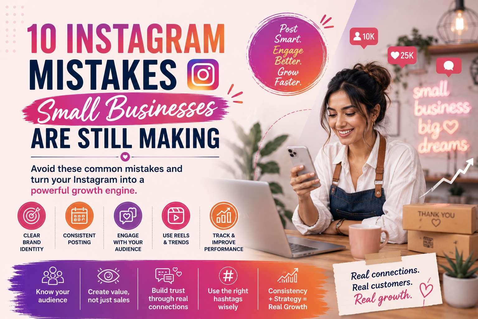 Small business owner managing Instagram account on smartphone with marketing tools