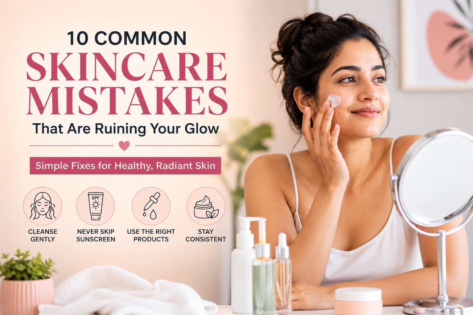 Woman looking in the mirror touching her face, symbolizing skincare mistakes affecting glow