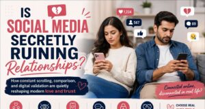 Is Social Media Secretly Ruining Relationships? Couple sitting together but distracted by their phones, symbolizing social media’s impact on relationships