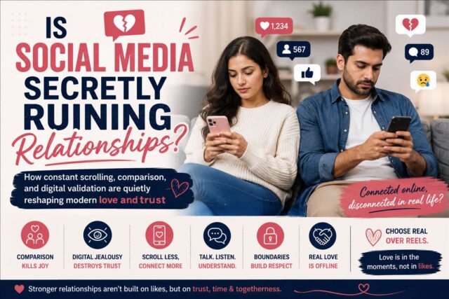 social-ruining-relationships Couple sitting together but distracted by their phones, symbolizing social media’s impact on relationships