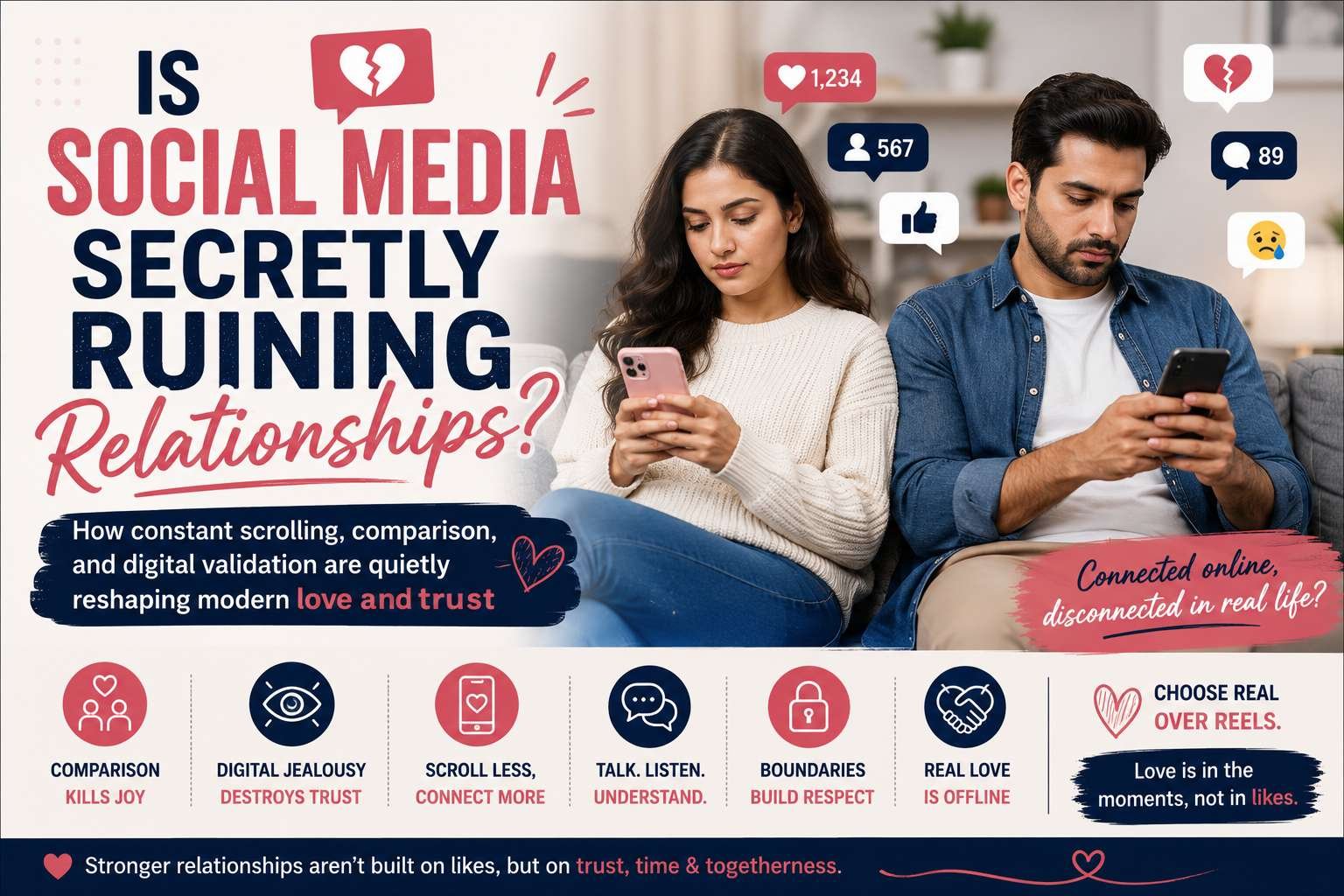 Couple sitting together but distracted by their phones, symbolizing social media’s impact on relationships