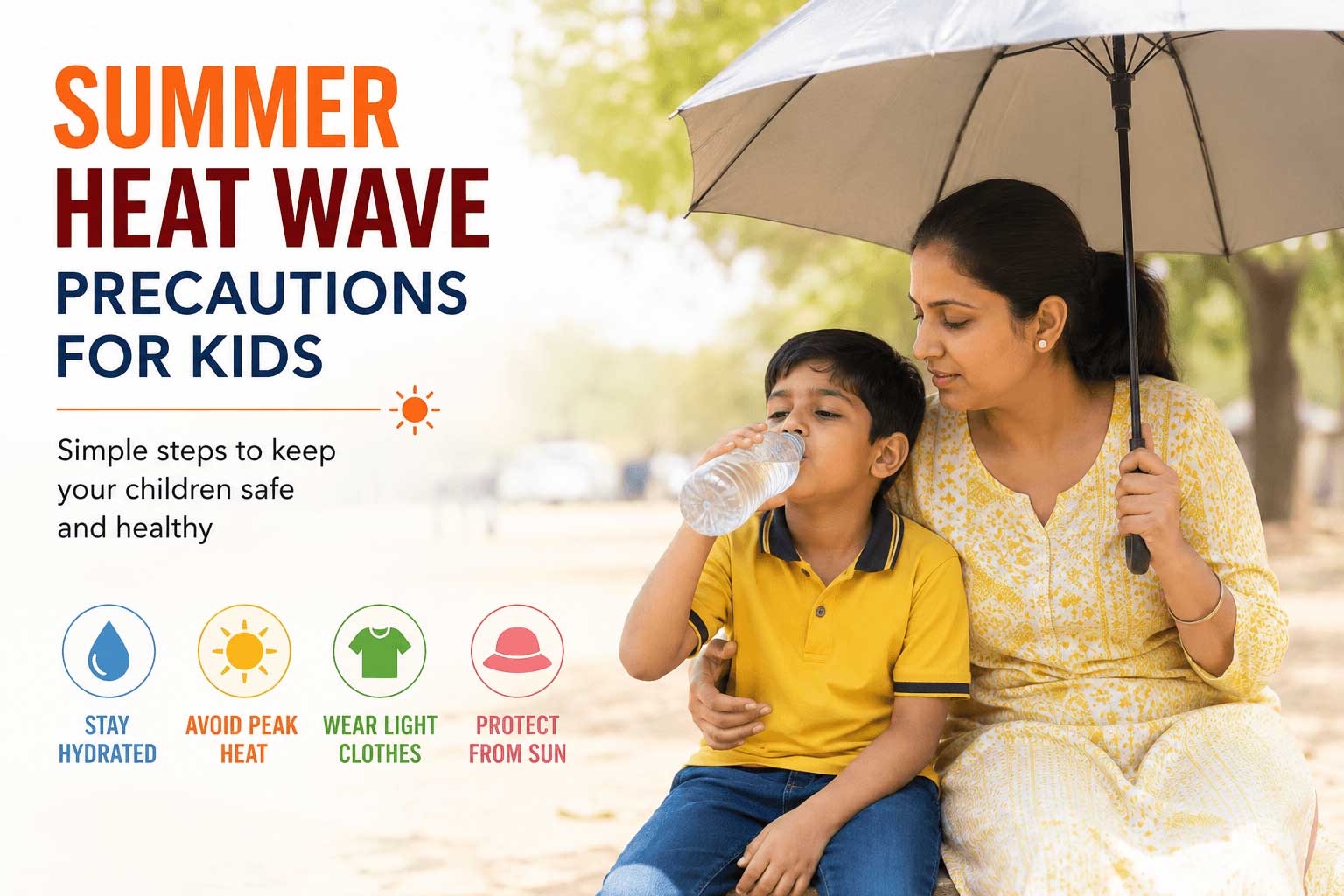 Indian mother protecting her child from extreme summer heat by giving water and keeping them safe during a heat wave.