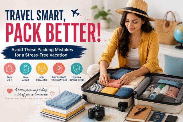 Open suitcase overflowing with clothes and travel items, symbolizing overpacking and poor planning