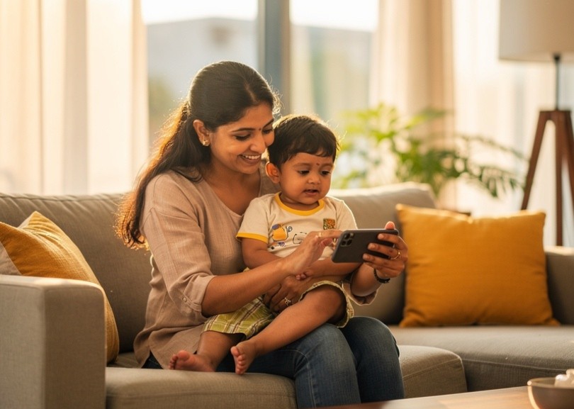 An Indian mother sitting with her child, watching parenting videos on her mobile phone.