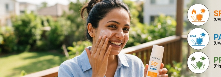 महिला चेहरे पर सनस्क्रीन लगाते हुए, SPF, PA और PPD सुरक्षा को दर्शाती हुई।