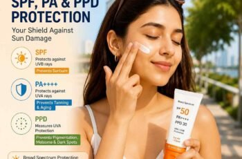 Woman applying sunscreen outdoors with SPF, PA, and PPD protection for healthy glowing skin.
