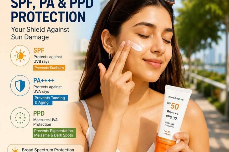 Woman applying sunscreen outdoors with SPF, PA, and PPD protection for healthy glowing skin.