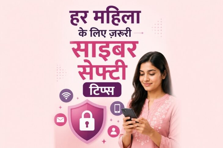 मोबाइल पर साइबर सुरक्षा के उपाय अपनाती महिला
