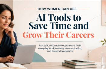 Generic professional woman using a laptop with a notebook and calendar in a bright workspace while exploring practical AI career tools