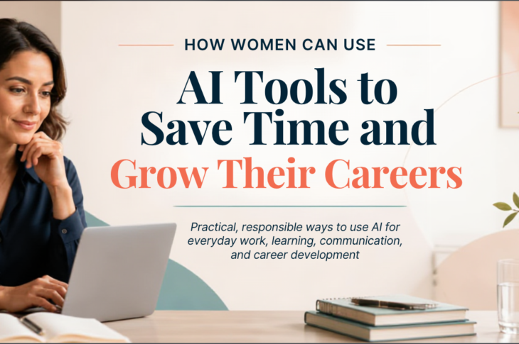 Generic professional woman using a laptop with a notebook and calendar in a bright workspace while exploring practical AI career tools