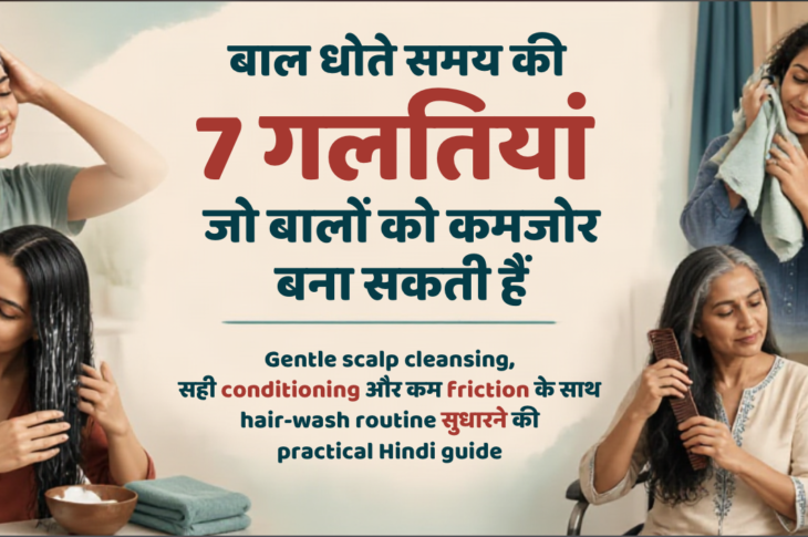 एक भारतीय महिला घर के आरामदायक bathroom में fingertips से scalp को gently shampoo करते हुए, पास में conditioner और wide-tooth comb।