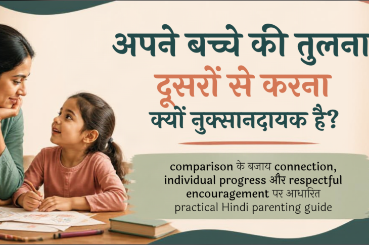 भारतीय caregiver बच्चे की बात ध्यान से सुनते हुए, तुलना के बजाय encouragement और connection का दृश्य