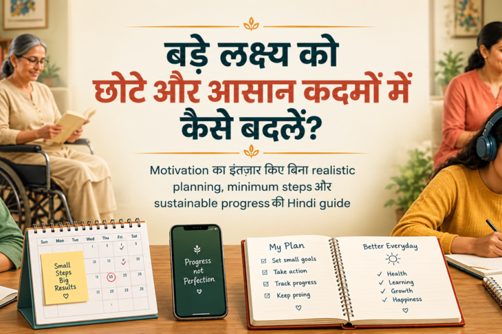 भारतीय महिला notebook में बड़े लक्ष्य को छोटे और आसान steps में बदलते हुए