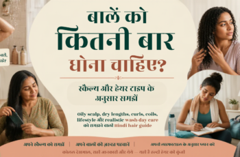Diverse Indian woman learning a gentle scalp-focused hair-wash routine with shampoo, conditioner and a wide-tooth comb in a realistic bathroom setting